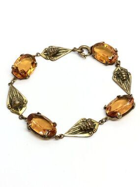 VINTAGE VICTORIAN BRACELET Orange Faceted Glass Brass Openwork Panel Link
